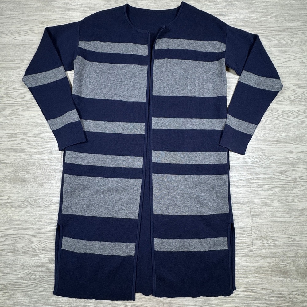 Athleta Womens Med Cardigan Sweater Reversible‎ Longline Navy Blue Grey Striped